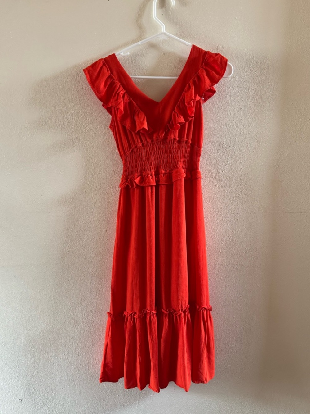 Charlotte Russe Coral Red Ruffle Boho Smocked Maxi Dress M